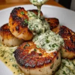 Seared scallops on a plate with lime cilantro sauce and fresh herbs