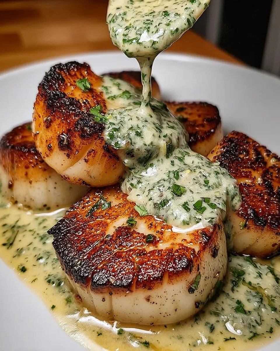 Seared scallops on a plate with lime cilantro sauce and fresh herbs