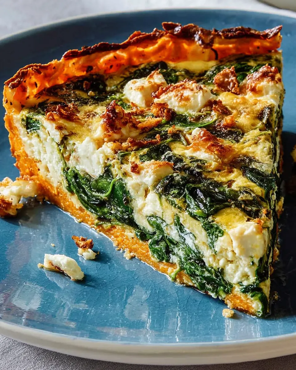 Slice of spinach and feta quiche with sweet potato crust on a white plate