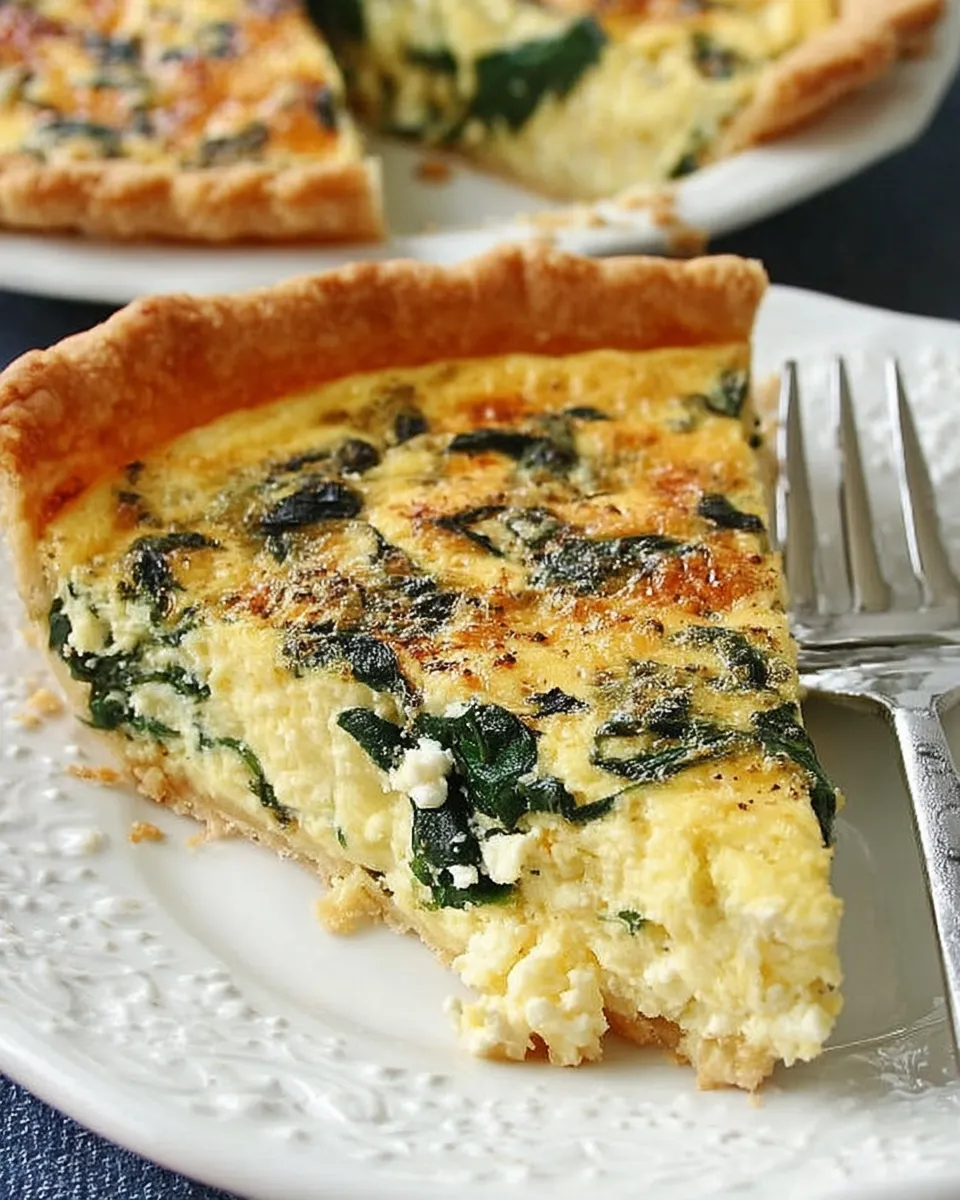 	Golden spinach and feta quiche slice on a plate with fresh herbs