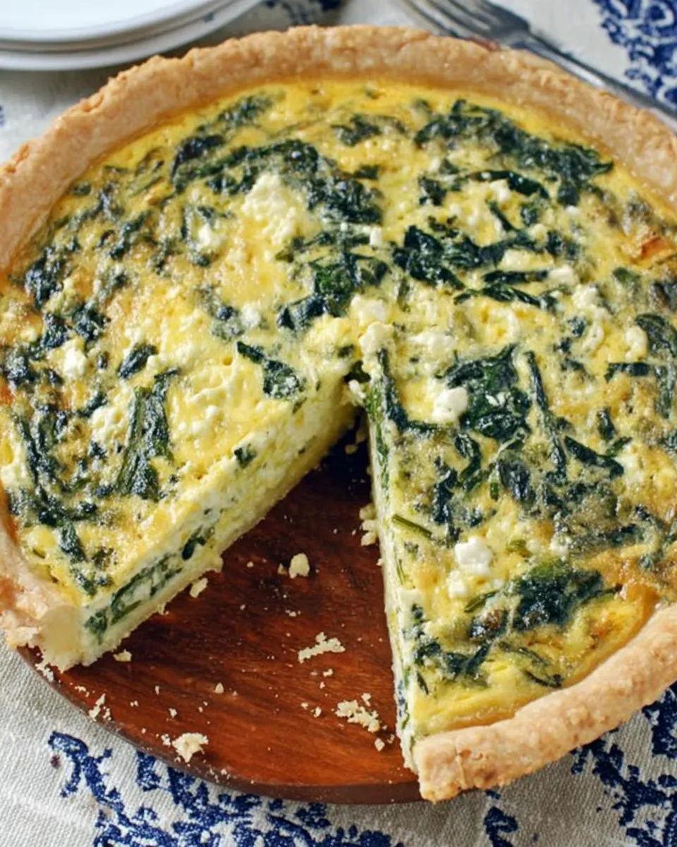 	Golden spinach and feta quiche slice on a plate with fresh herbs