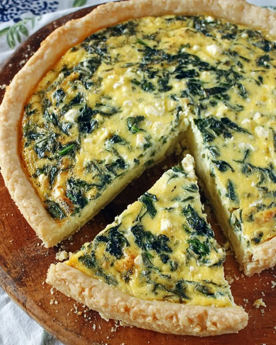 Golden spinach and feta quiche slice on a plate with fresh herbs