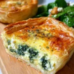 Golden-brown phyllo tart filled with spinach, feta, and herbs on a rustic wooden board