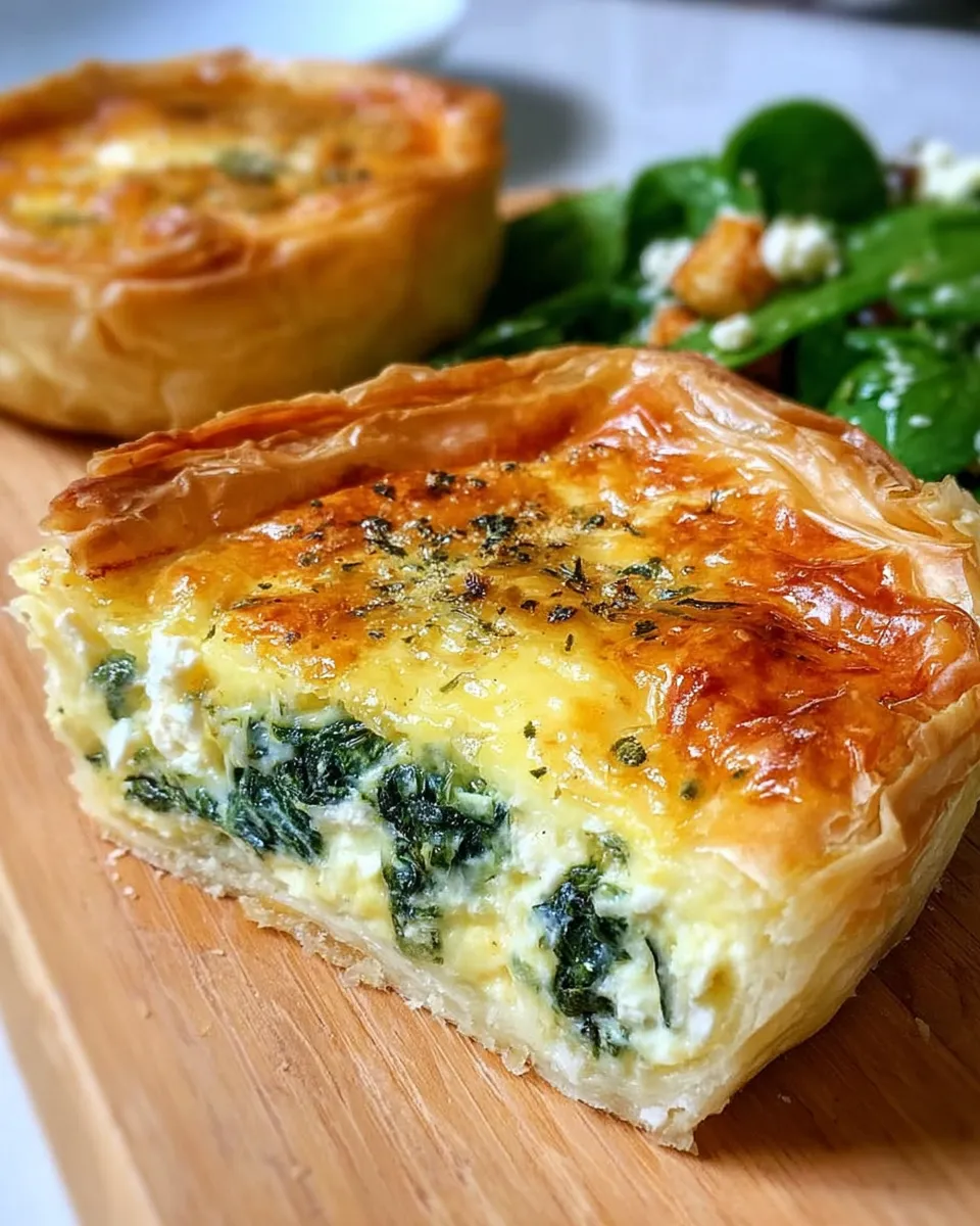 Golden-brown phyllo tart filled with spinach, feta, and herbs on a rustic wooden board