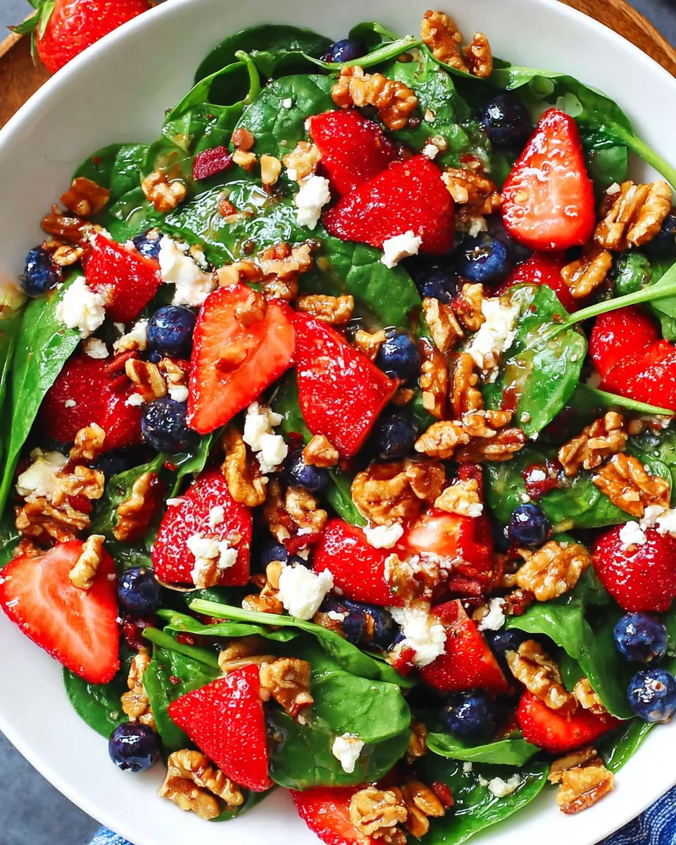 Fresh strawberry spinach salad with goat cheese, candied pecans, and balsamic dressing