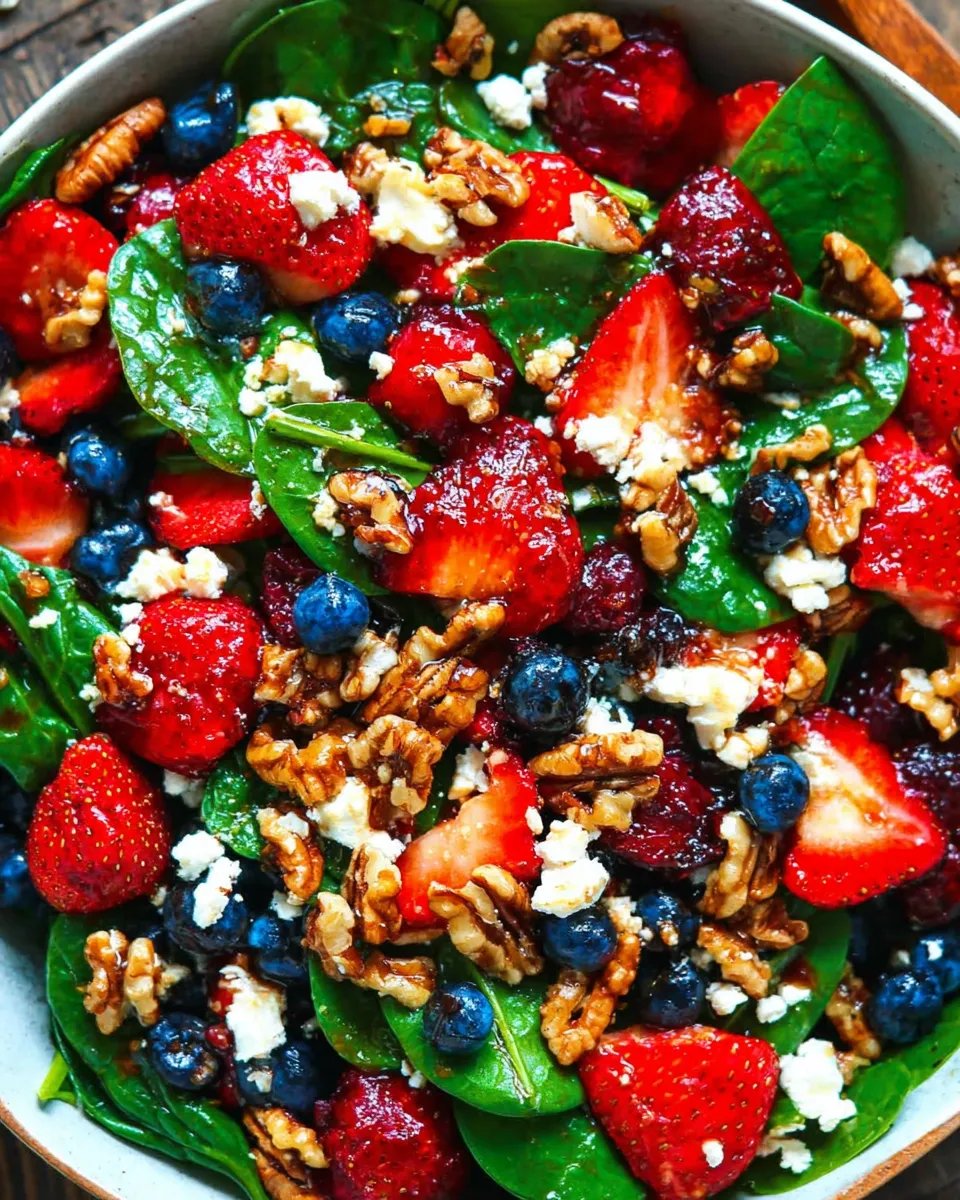 Fresh strawberry spinach salad with goat cheese, candied pecans, and balsamic dressing