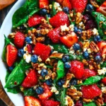 Fresh strawberry spinach salad with goat cheese, candied pecans, and balsamic dressing