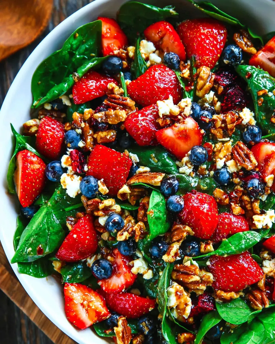 Fresh strawberry spinach salad with goat cheese, candied pecans, and balsamic dressing