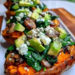 Stuffed sweet potato halves topped with spinach, avocado, mushrooms, and crumbled feta
