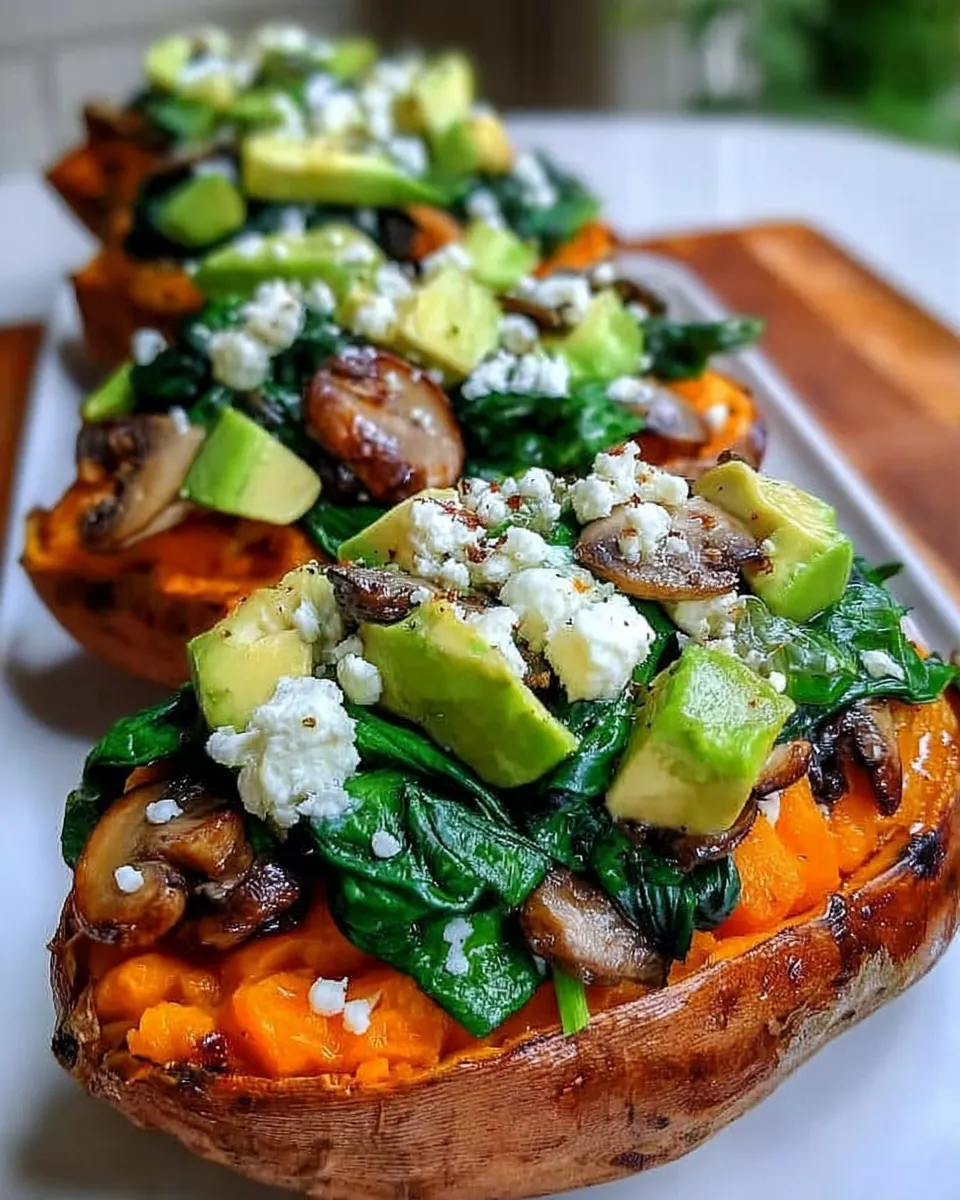 Stuffed sweet potato halves topped with spinach, avocado, mushrooms, and crumbled feta