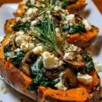 Baked sweet potatoes stuffed with spinach, mushrooms, and feta, drizzled with lemon garlic yogurt sauce