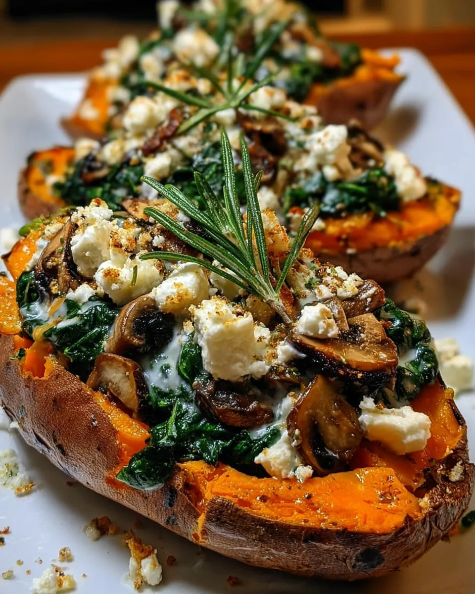 Baked sweet potatoes stuffed with spinach, mushrooms, and feta, drizzled with lemon garlic yogurt sauce