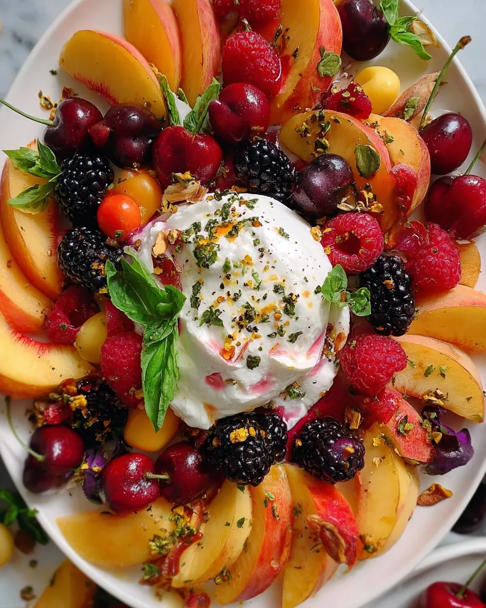 Recipe card view of summer burrata salad ingredients and platter