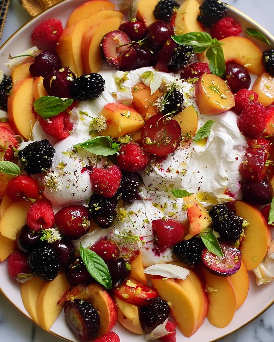 Fresh summer salad with burrata cheese, sliced peaches, berries, and basil leaves on a white platter