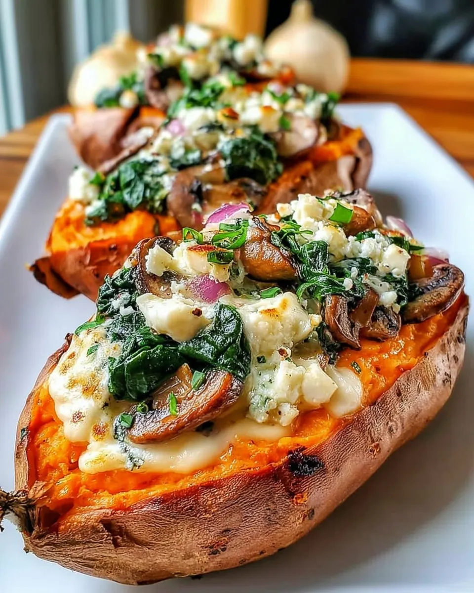 Twice-baked sweet potatoes with feta and spinach