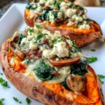 Twice-baked sweet potatoes stuffed with spinach, mushrooms, and feta topped with garlic herb butter