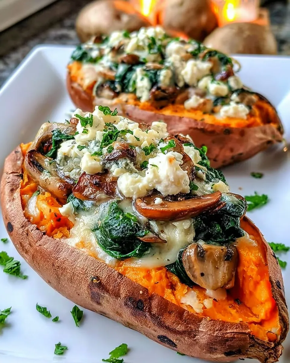 Twice-baked sweet potatoes stuffed with spinach, mushrooms, and feta topped with garlic herb butter