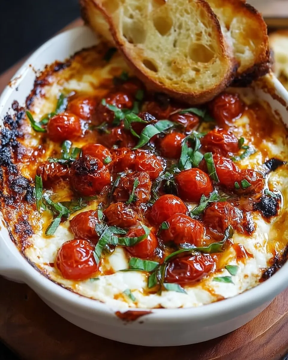 Hot three-cheese bruschetta dip with roasted tomatoes served with toasted bread