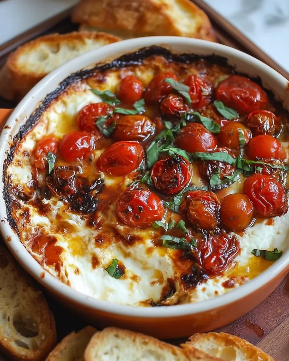 Hot three-cheese bruschetta dip with roasted tomatoes served with toasted bread