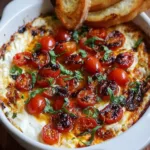Hot three-cheese bruschetta dip with roasted tomatoes served with toasted bread