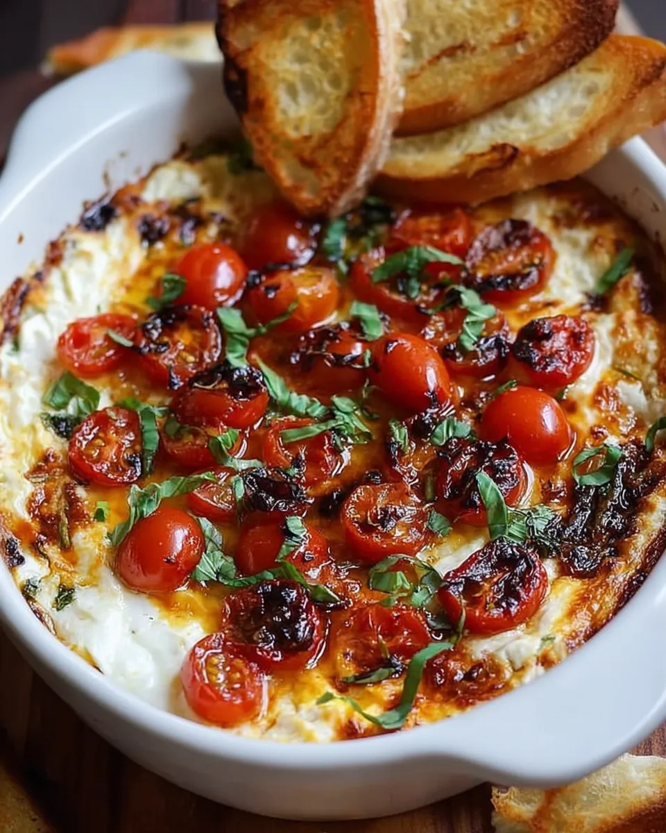 Hot three-cheese bruschetta dip with roasted tomatoes served with toasted bread