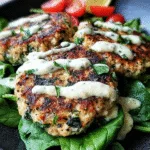 Delicious turkey and spinach feta patties stacked with herbs