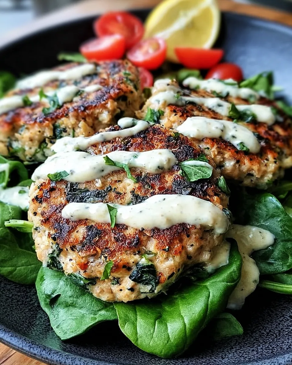 Delicious turkey and spinach feta patties stacked with herbs