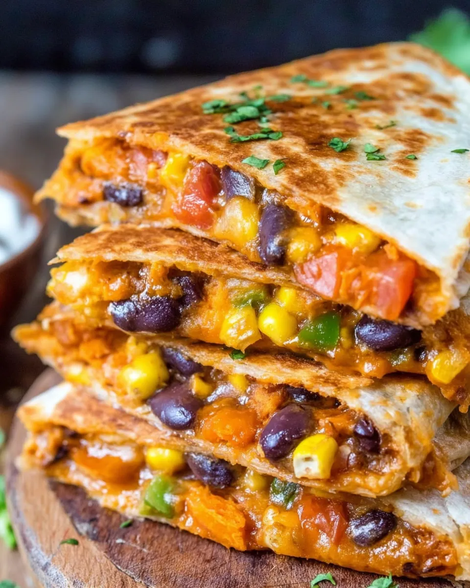 Crispy vegetarian quesadillas filled with cheese, sweet potatoes, beans, and avocado slices