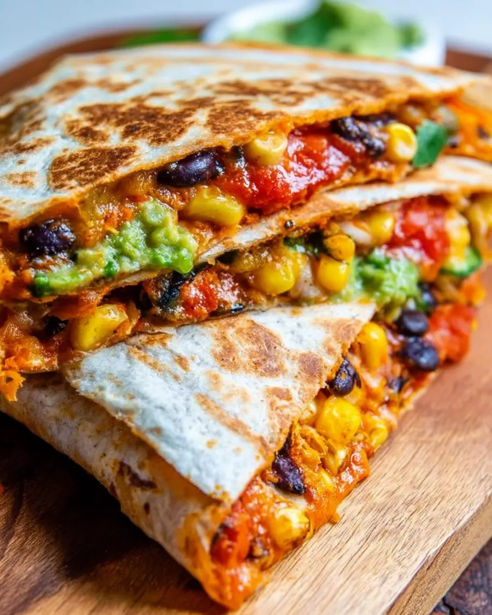 Crispy vegetarian quesadillas filled with cheese, sweet potatoes, beans, and avocado slices