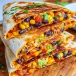 Crispy vegetarian quesadillas filled with cheese, sweet potatoes, beans, and avocado slices