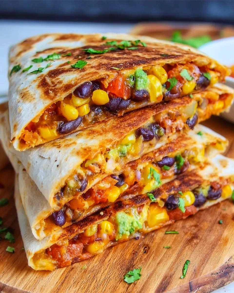 Crispy vegetarian quesadillas filled with cheese, sweet potatoes, beans, and avocado slices