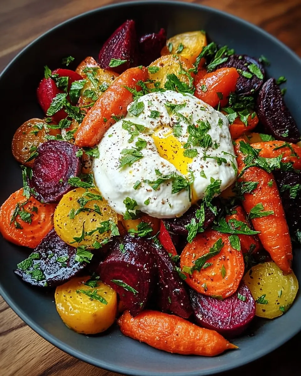 Colorful roasted beets and carrots topped with creamy burrata and herbs on a serving platter