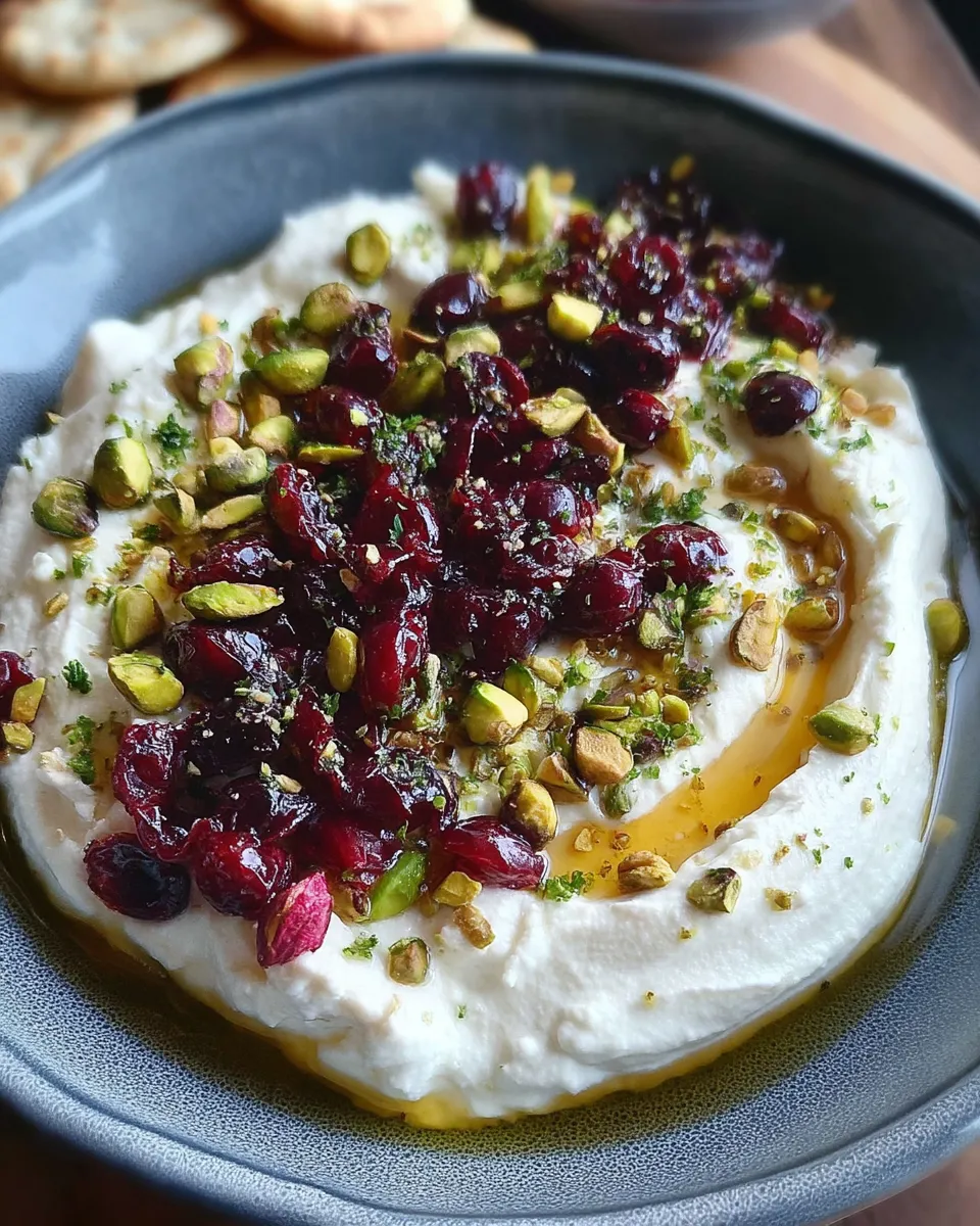 Whipped feta dip topped with honey, chopped pistachios, and cranberries served in a bowl with crackers