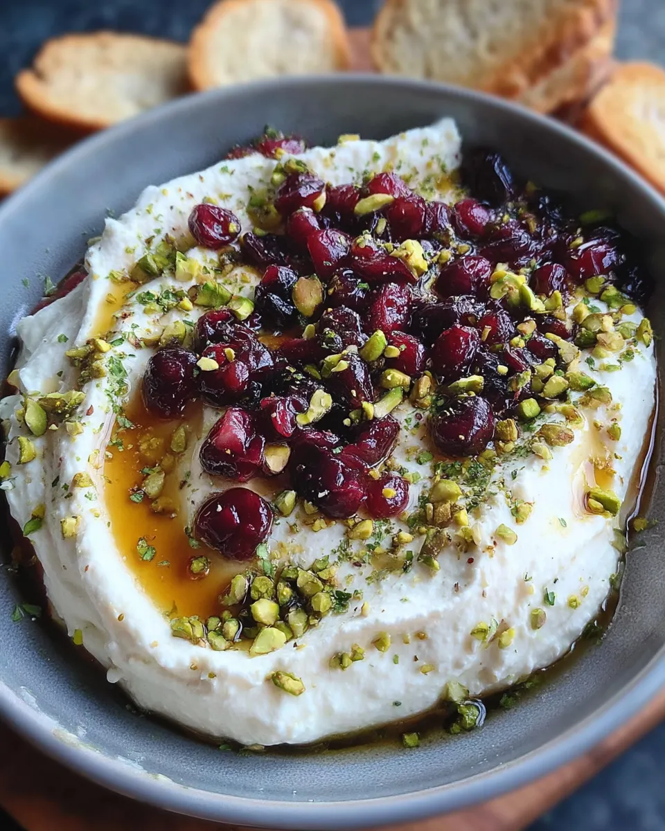 Whipped feta dip topped with honey, chopped pistachios, and cranberries served in a bowl with crackers