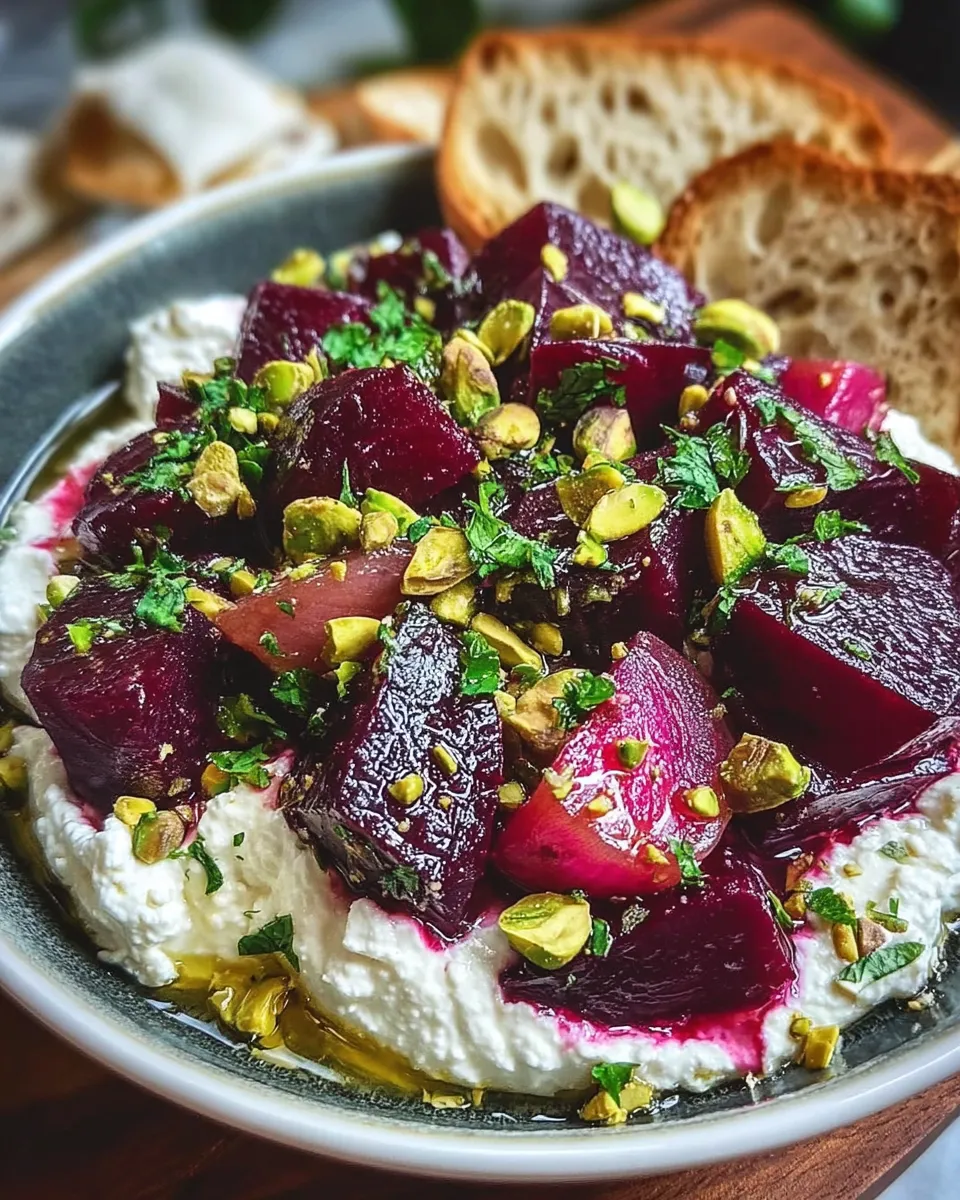Creamy whipped feta topped with roasted beets, chopped pistachios, and herbs on a serving plate