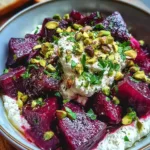 Whipped feta with beets and pistachios on ceramic plate