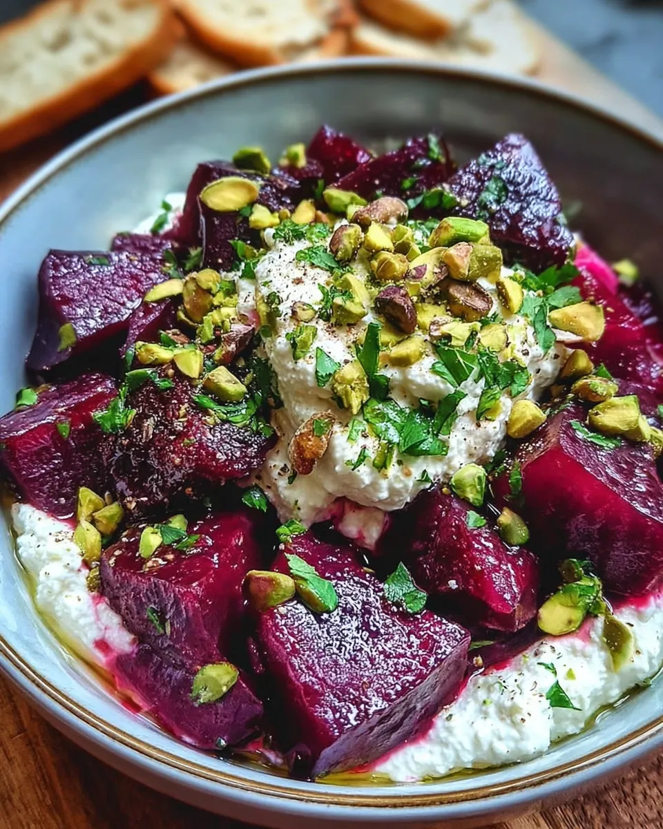 Whipped feta with beets and pistachios on ceramic plate