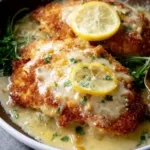 Crispy chicken breasts with lemon zest and pecorino cheese served on a white plate