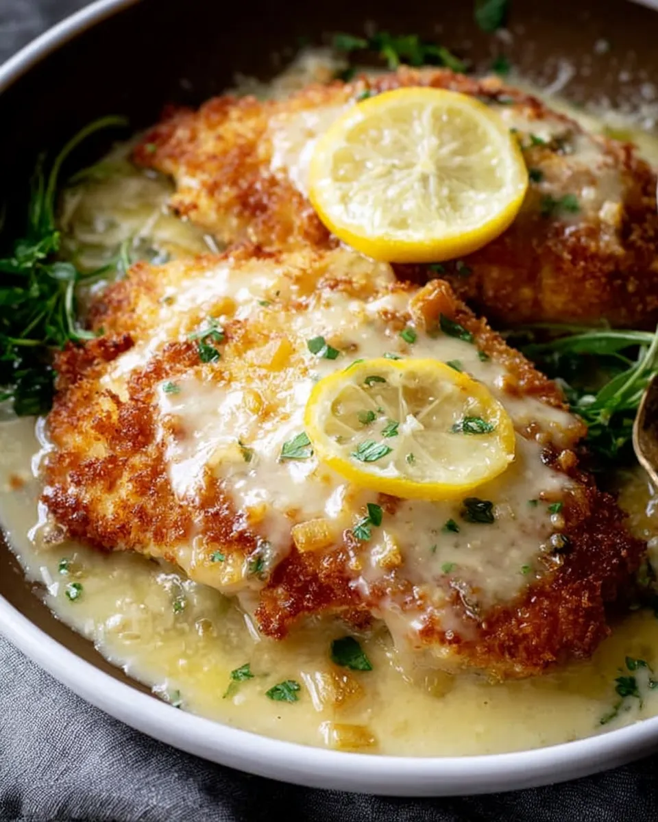 Crispy chicken breasts with lemon zest and pecorino cheese served on a white plate
