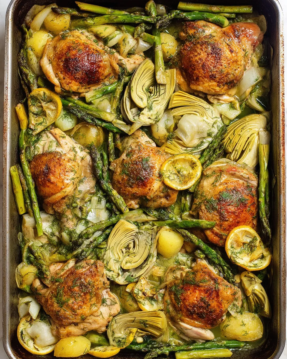 Mediterranean chicken in a skillet with artichokes, asparagus, lemon slices, and herbs