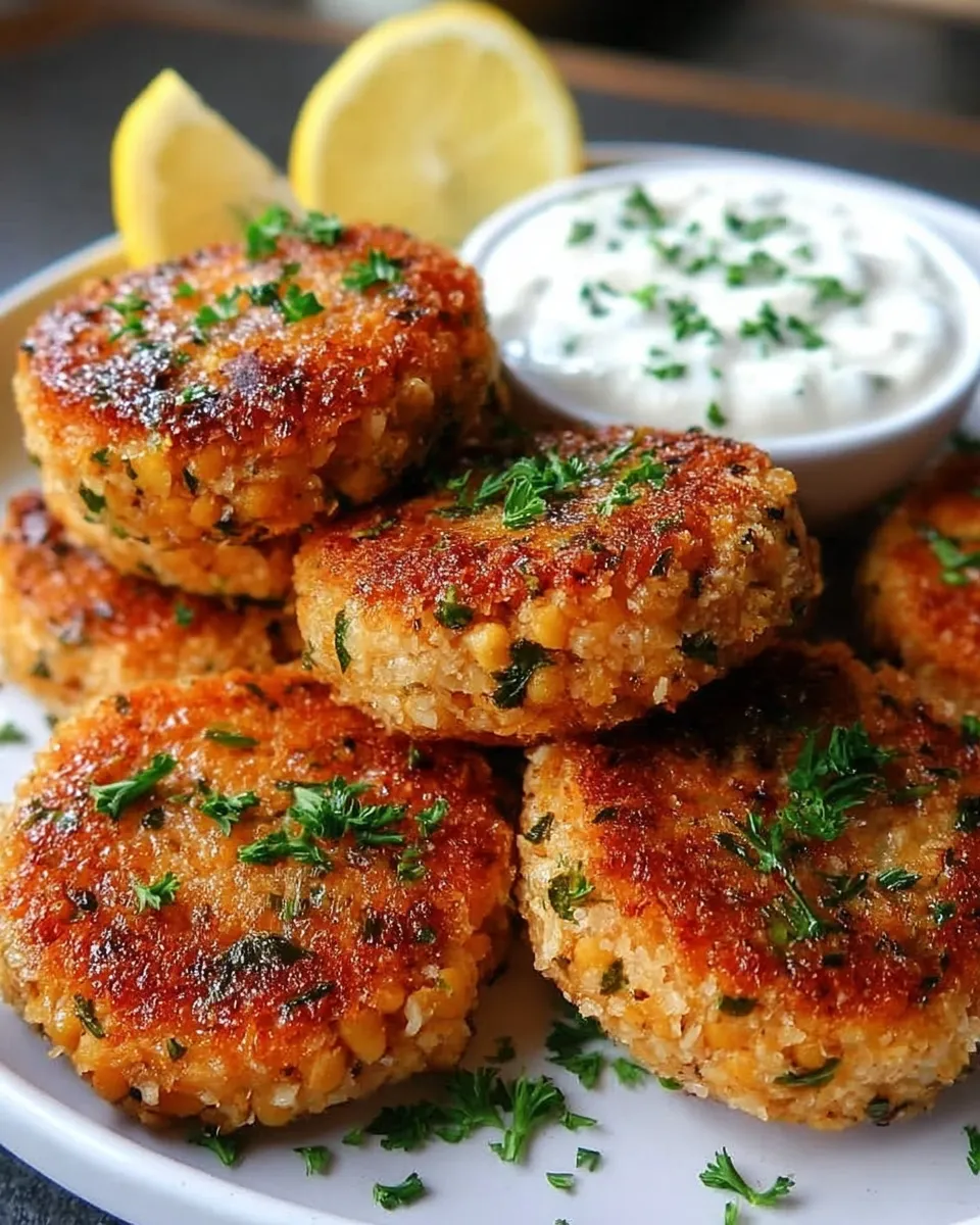 Golden Mediterranean chickpea patties served with creamy yogurt sauce and fresh herbs