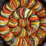 Baked ratatouille with sliced tomatoes, zucchini, and eggplant in a casserole dish