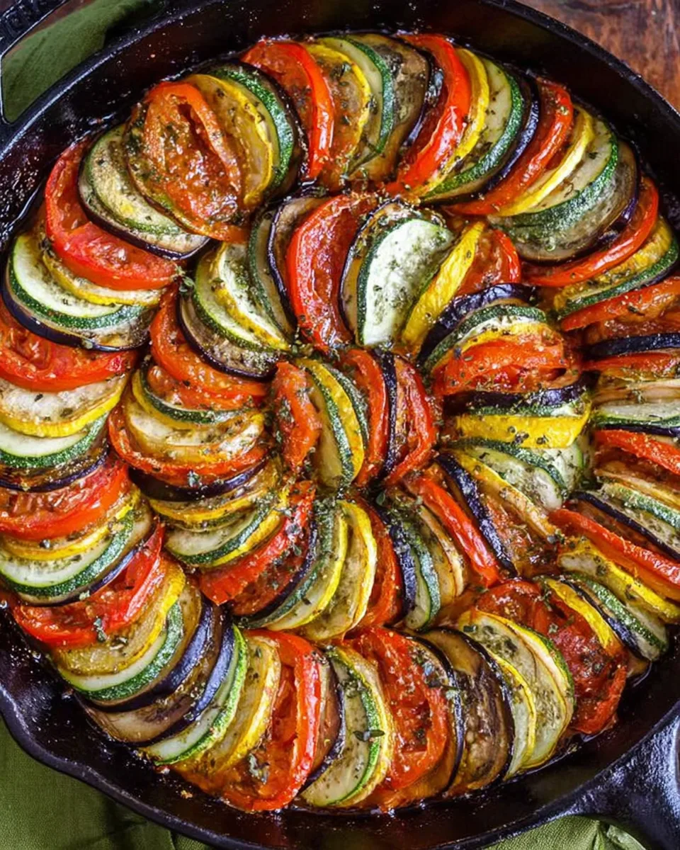 Baked ratatouille with sliced tomatoes, zucchini, and eggplant in a casserole dish