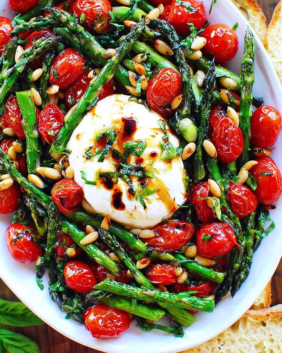 Asparagus tomato salad with burrata cheese and basil on a white plate