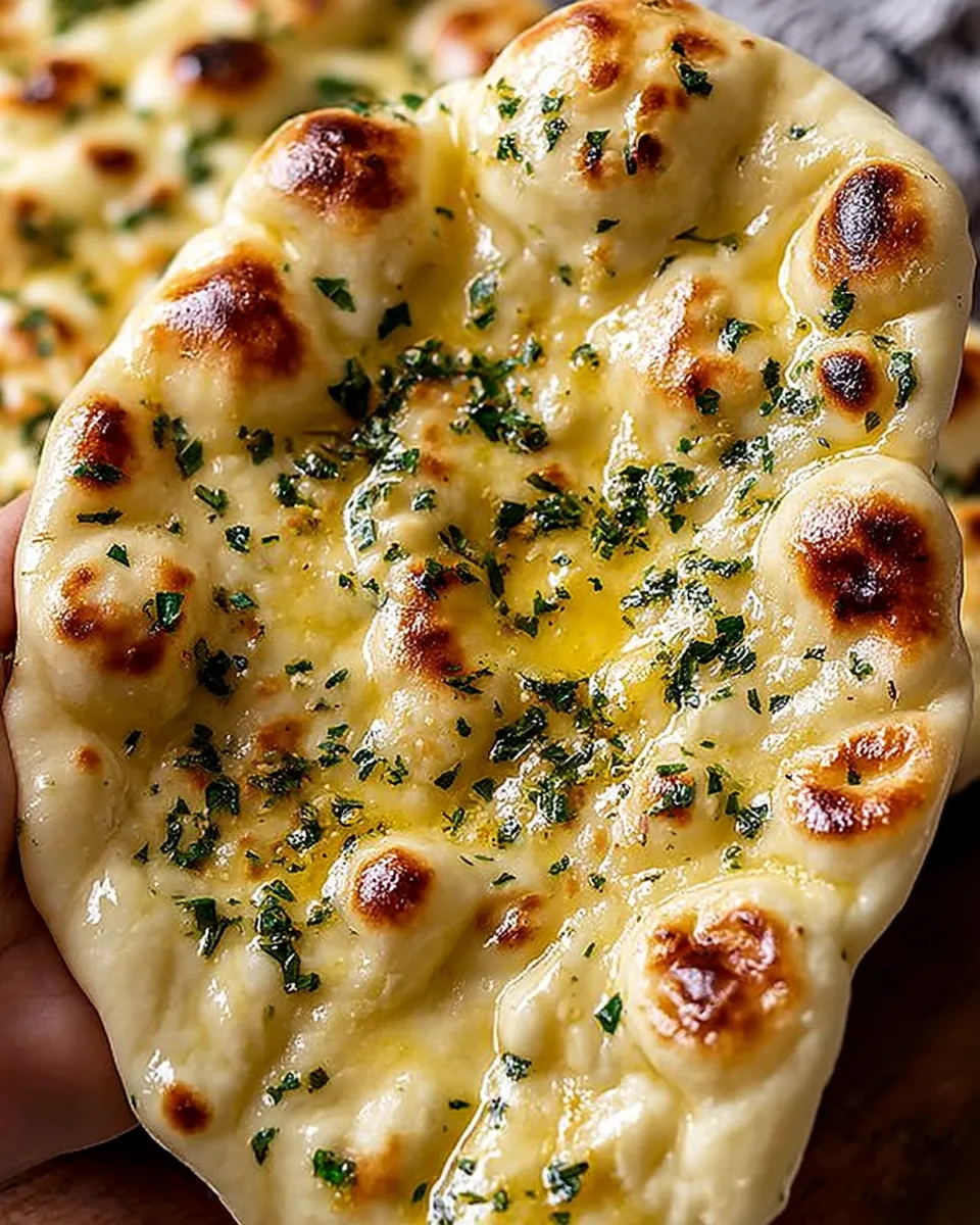 Garlic naan stacked on board