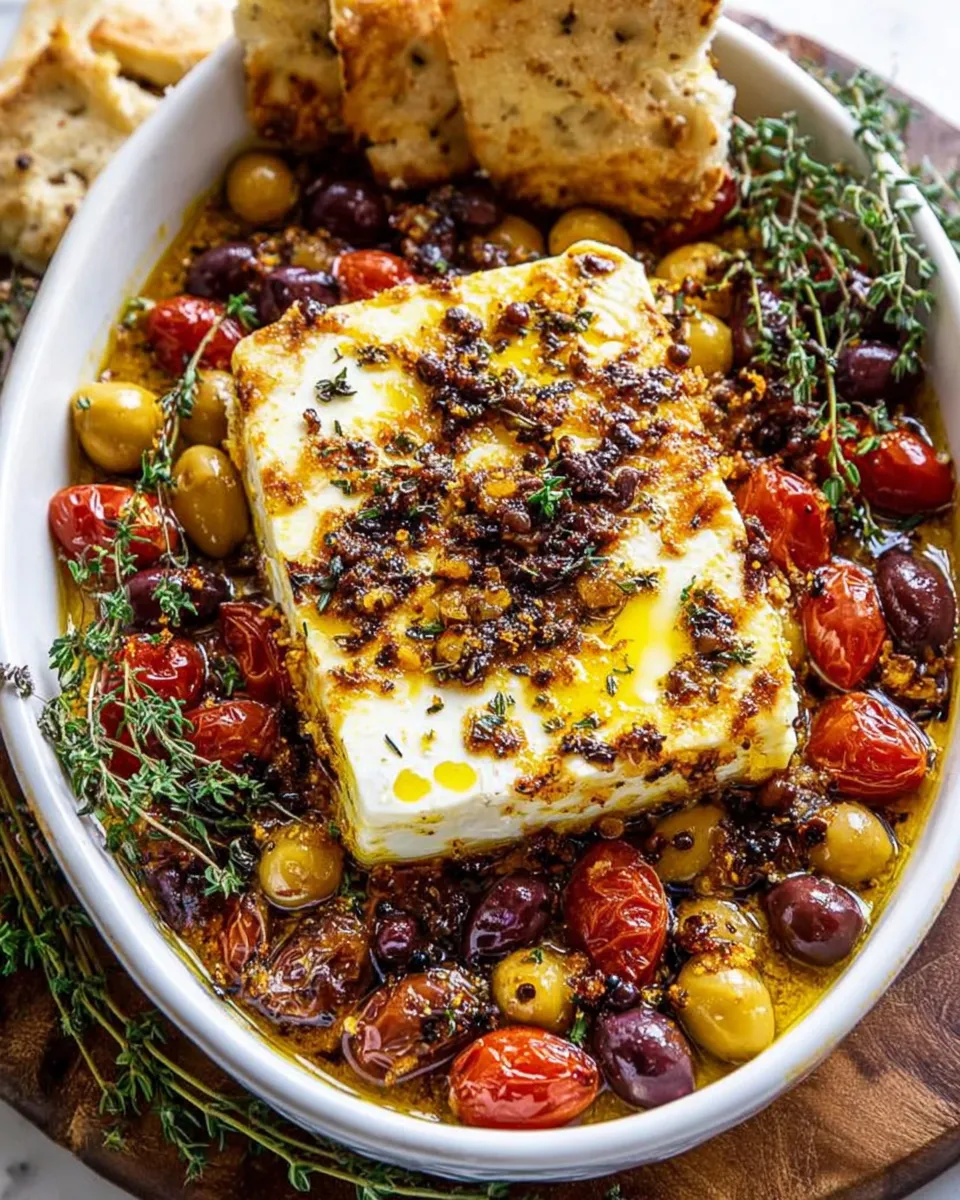 Golden roasted feta with tomatoes and olives