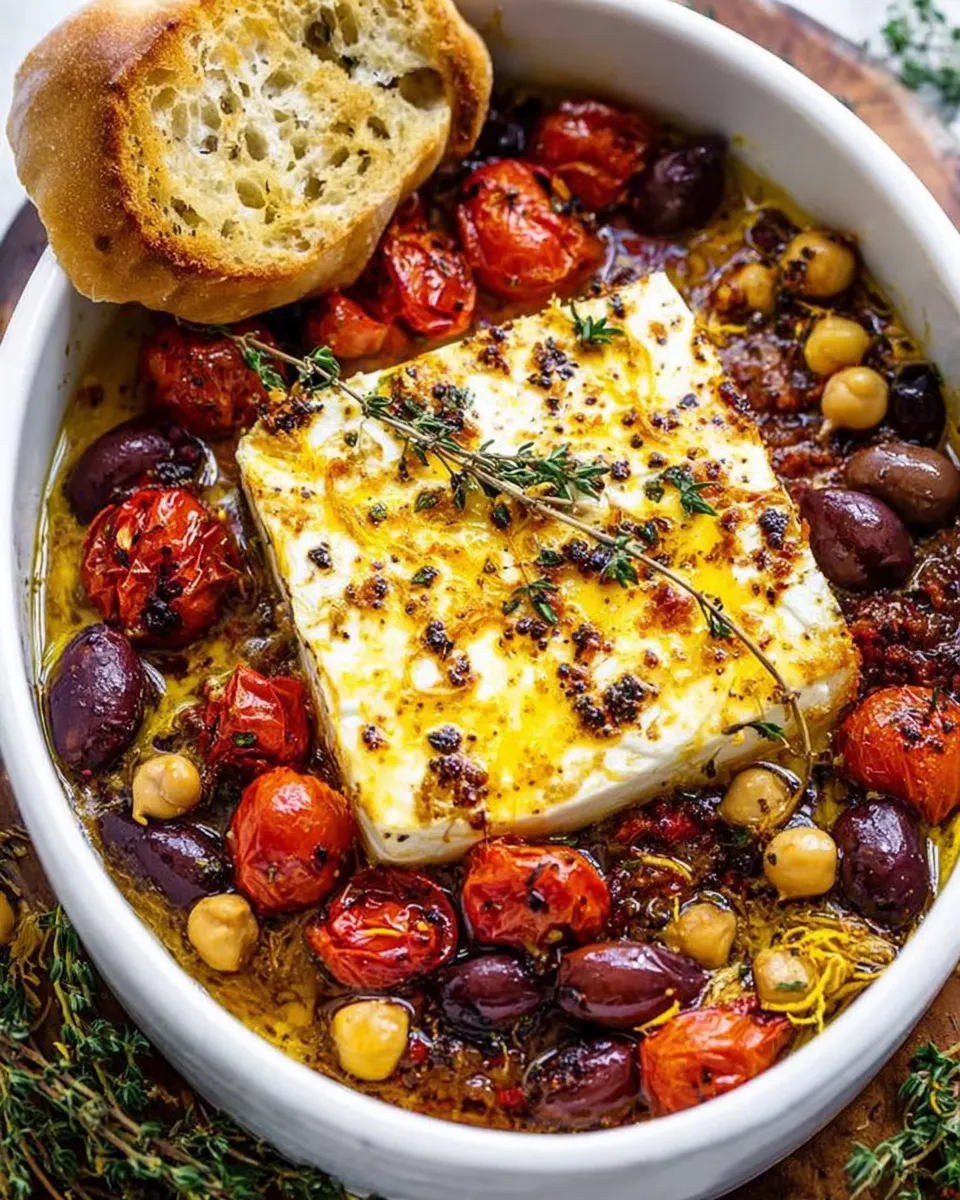 Baked feta mosaic topped with orange zest, capers, and crispy thyme