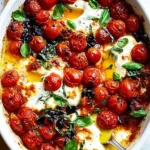 Baked feta with roasted cherry tomatoes in olive oil