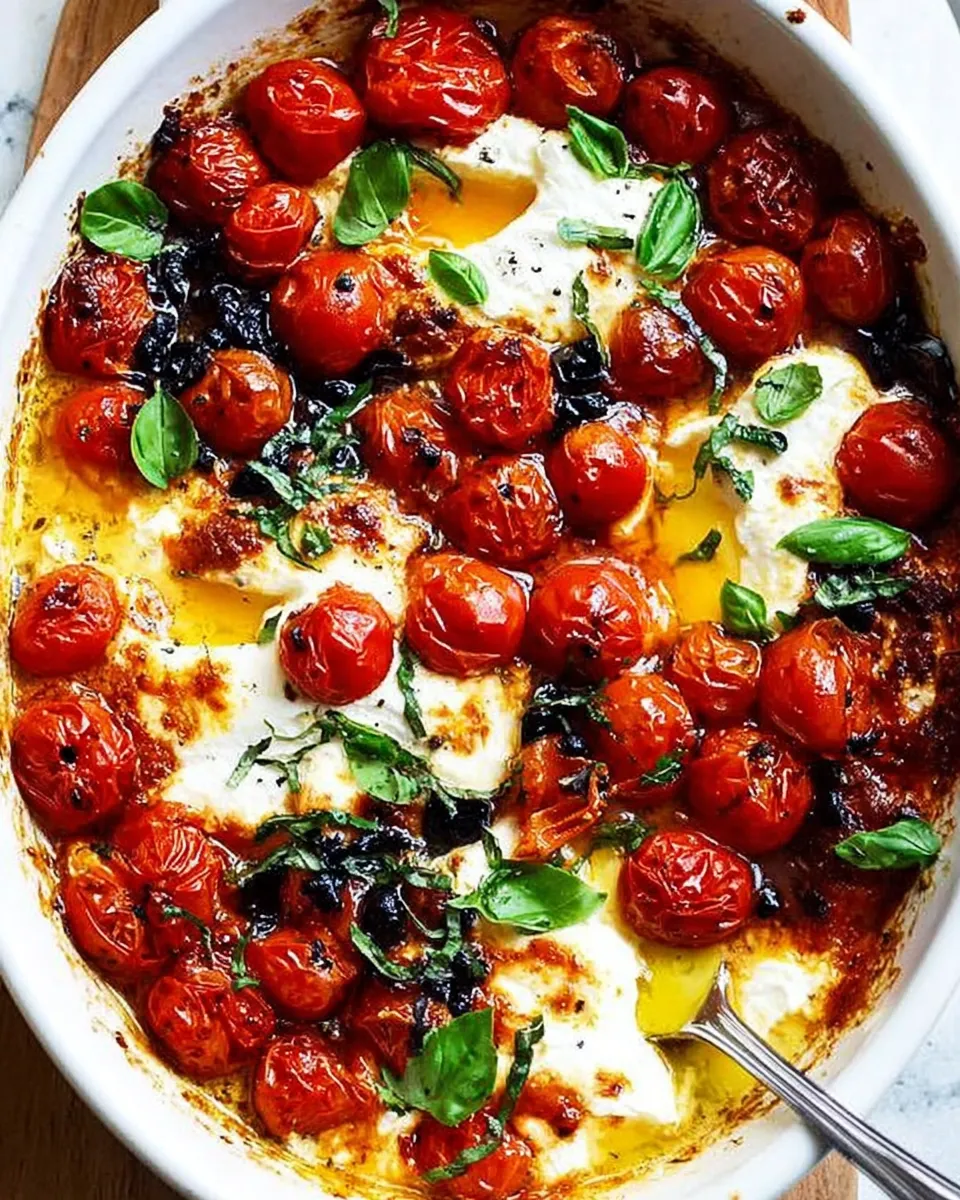 Baked feta with roasted cherry tomatoes in olive oil