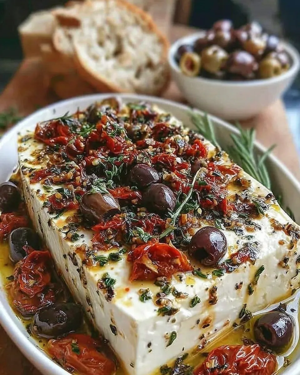 Baked feta with olives and sun-dried tomatoes in ceramic dish